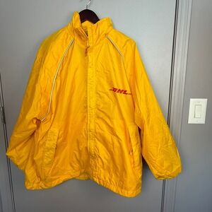 DHL Yellow Nylon Windbreaker Jacket Hooded Zip Up Pockets Size Large Y2K Utility